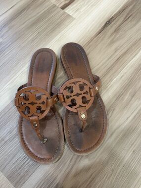Tory Burch Cognac Leather Logo Thong Sandals
